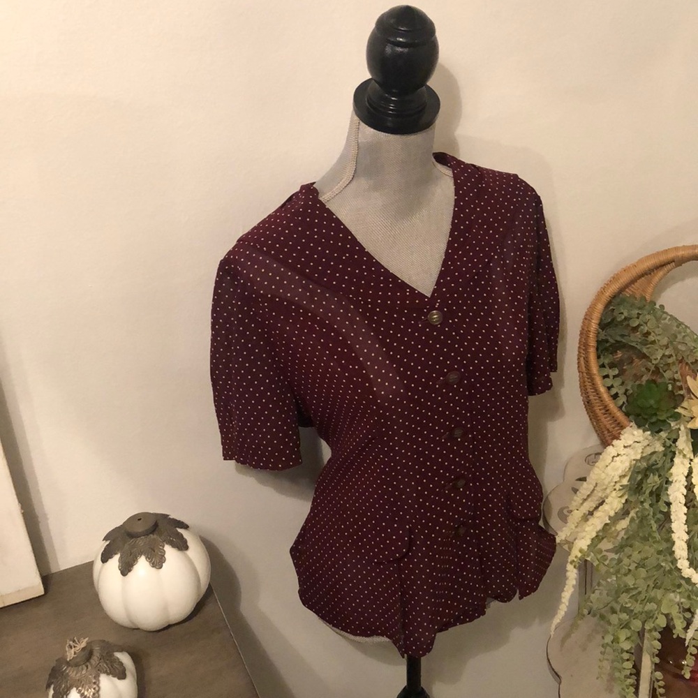 Polka dot burgundy button up pin up collar